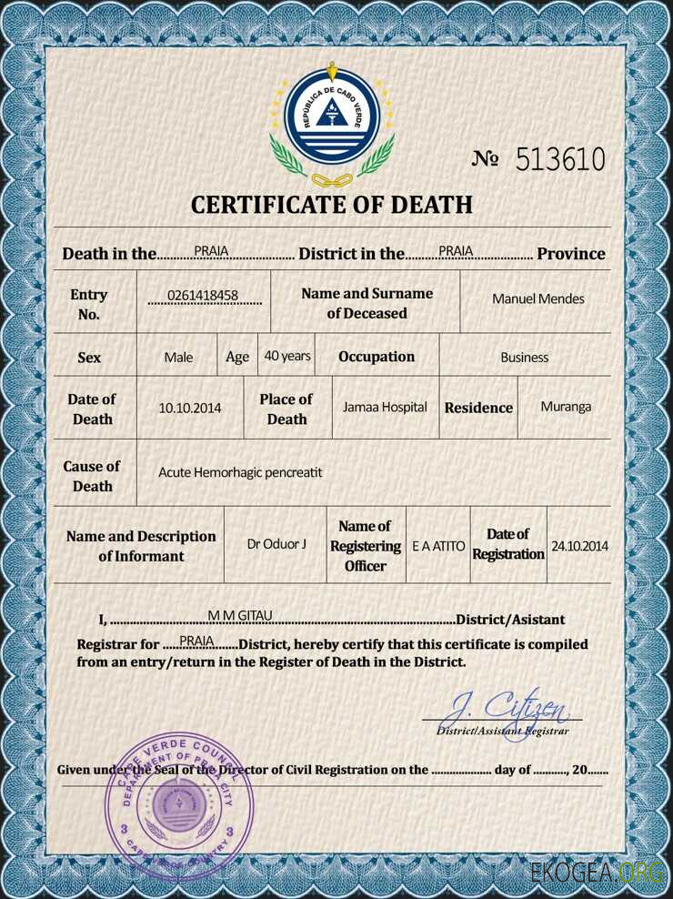 Modèle PSD de certificat de décès du Cap Vert